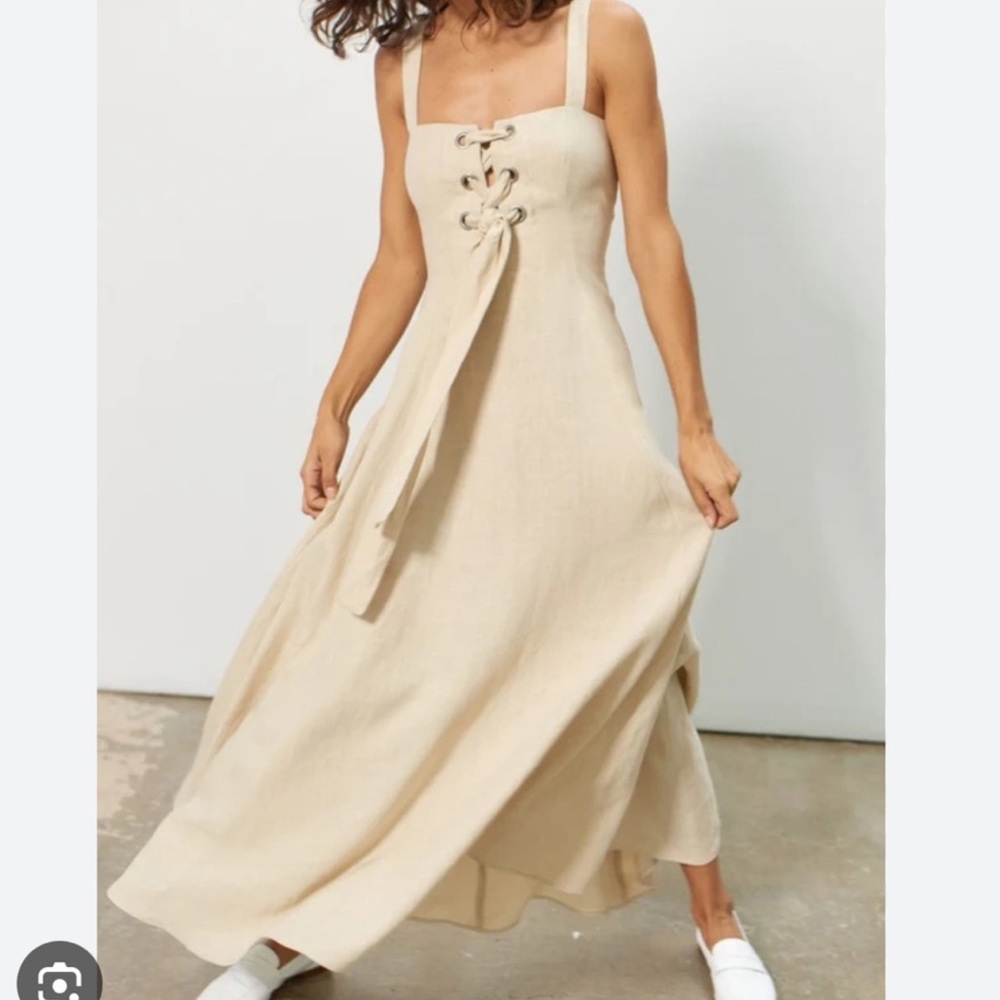 Mara Hoffman MEI 100% Hemp Oatmeal Lace Up Bust Midi Dress Size 10